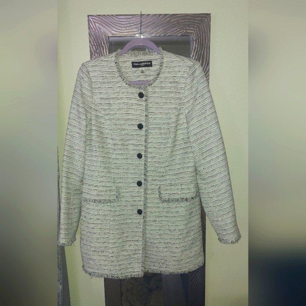 Karl Lagerfeld Tweed Longline Button Down Fringe Blazer Jacket!